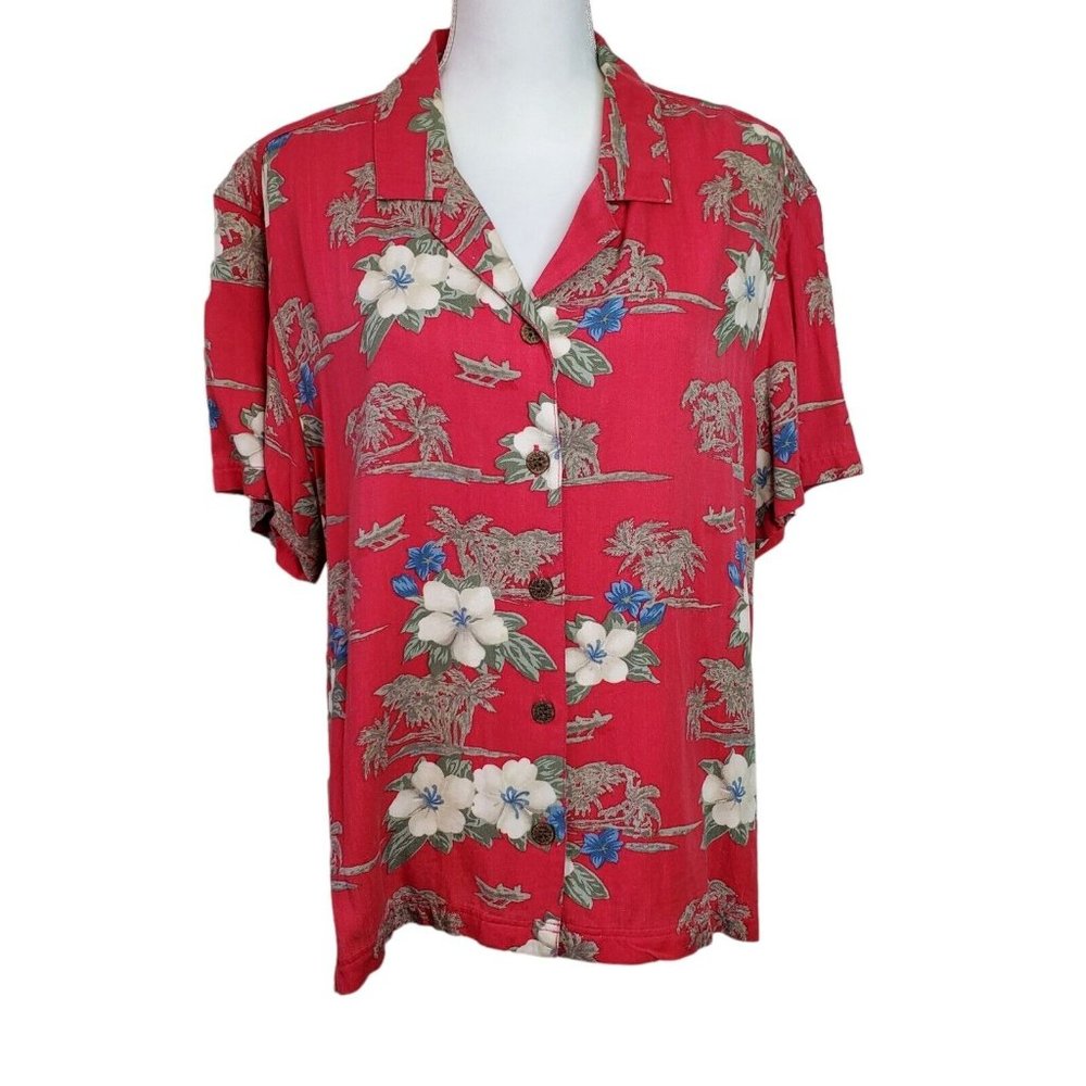 Island Traders Shirt Womens Size XXL Red Button Floral Short Sleeve Tropical